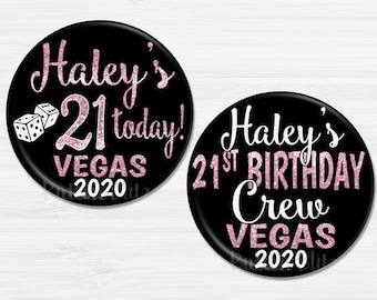 Vegas Birthday Party Favors, 21st Vegas Birthday Pins, 21st Birthday Buttons, 21st Birthday Party Decorations, 2.25" Option B1252B