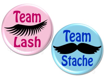 Baby Shower Party Buttons, Team Lash Team Stache Baby Shower Party Pins, Team Pink Team Blue, Gender Reveal Party Favors - BB1489