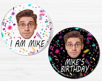 Custom Face Cutout Buttons, Personalized Photo Birthday Party Pins, Fun Face Party Favor, Happy Birthday Head Buttons -  BB2887