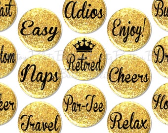 Retirement Party Buttons, Fun Retirement Party Favors, Retired Party Pins, Gold Sparkle Retirement Party, Retirement Gag Gift - BB1550