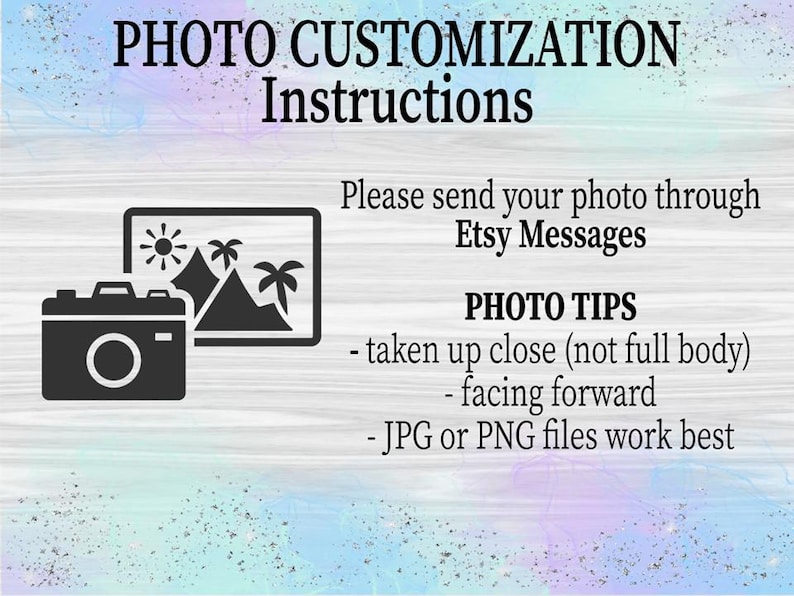 May include: Image with text: "PHOTO CUSTOMIZATION Instructions." Includes a camera icon and an image of a landscape. Text advises to send photos via Etsy Messages, with photo tips: taken up close, facing forward, and JPG or PNG files.