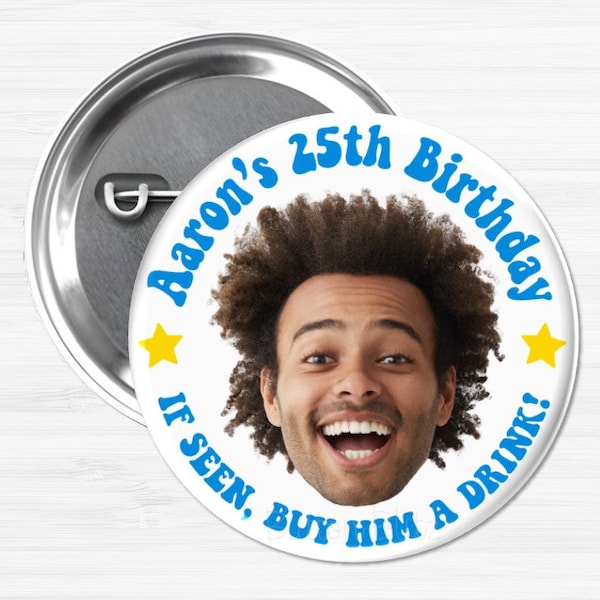 Head Cutout Photo Buttons, Personalized Photo Birthday Party Pins, Face Picture Party Favors, Custom Happy Birthday Buttons - BB2982