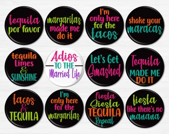 Mexican Divorce Fiesta Party Buttons, 12 Funny Fiesta Party Pins, Divorce Fiesta Party Favors, Divorce Party Favors - BB2756
