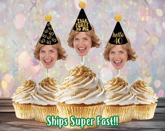 40th Birthday Custom Face Cupcake Toppers, 40th Birthday Photo Topper, Fun Party Hat, Personalized Cupcake Topper for Milestone Birthday