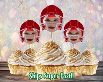 Custom Face Cupcake Toppers, Baby Photo Topper, Fun Football Party Hat, Personalized Topper for Milestone Birthday, Head on Stick Decoration