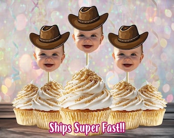 Cowboy Cupcake Toppers, Photo Topper, Fun Birthday Party Hat, Personalized Cupcake Topper for Milestone, Head on Stick Decoration