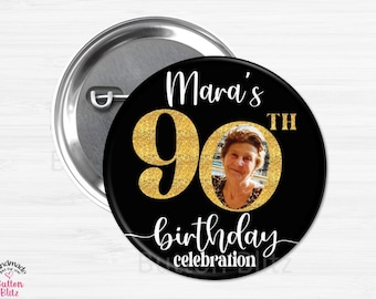 90th Birthday Party Buttons, Personalized Photo Party Celebration Pins, Fun Picture Party Favor, Custom Ninetieth Happy Birthday - BB3023G