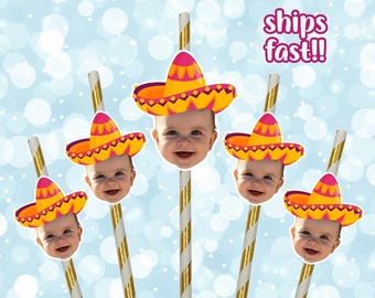 Custom Head Birthday Straws, Custom Fiesta Birthday Photo Decorations, Mexican sombrero hat Face Straws, Personalized Party Drinking Gift