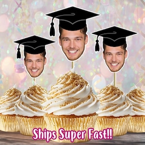 Custom Graduation Cupcake Toppers, High School Photo Topper, Grad Hat, Personalized Cupcake Topper for Graduation, Head on Stick Decoration