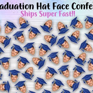 May include: Confetti featuring faces wearing blue graduation caps. The confetti is scattered across a light background. Text at the top reads "Graduation Hat Face Confetti".