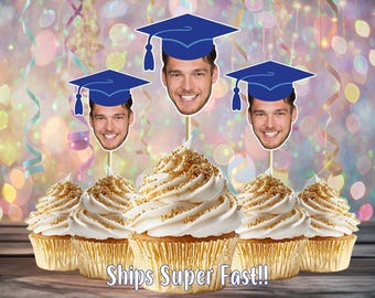 Custom Graduation Party Cupcake Toppers, You Choose the Color, High School Photo Topper, Grad Hat, Personalized Cupcake Graduation Toppers