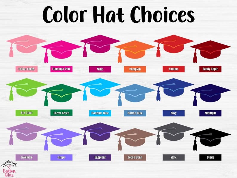 May include: An image displaying a variety of graduation caps in different colors, including pink, orange, green, blue, and black. Each cap has a tassel and is labeled with its corresponding color name, such as "Cotton Candy" and "Navy". The text "Color Hat Choices" is at the top.