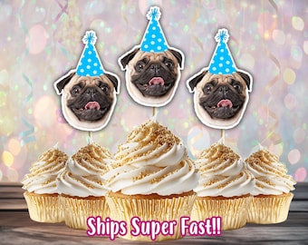 Custom Face Cupcake Toppers, Pet Photo Topper, Fun Party Hat, Personalized Dog Cat Cupcake Topper for Birthday, Head on Stick Decoration