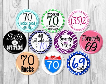 70th Birthday Party Favors, Fun 70th Birthday Pinback Buttons, Birthday Gift Pins, Happy Birthday Party, Birthday Pin Badges - BB1503