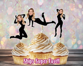 Personalized Face Cupcake Toppers, Stripper Body Birthday Photo Toppers, Fun Party Hat Option, Custom Head on Stick Decoration