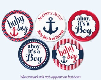 Nautical Baby Shower Party Badges, Its a Baby Boy Party Buttons, Nautical Baby Shower Gift, Nautical Pinback Buttons - BB1499