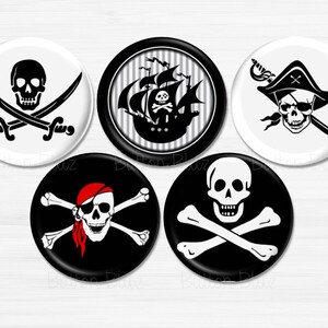 May include: Five black and white pirate themed buttons with different designs. The designs include a skull and crossbones, a skull with an eye patch and a pirate hat, a skull with crossed swords, a skull with crossed bones, and a pirate ship.