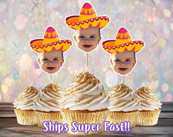 Custom baby face colorful fiesta theme cupcake toppers with Mexican sombrero hat face photo cupcake topper birthday party decor