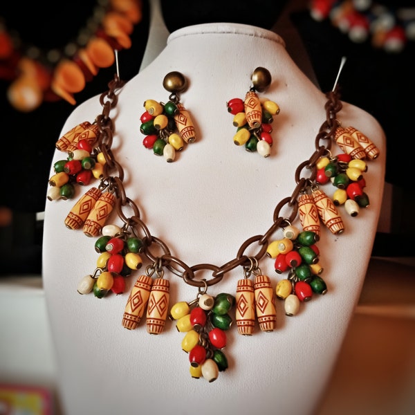 Vintage style wooden necklace and earrings set mexican vintage inspired 1940s 1950s novelty jewelry