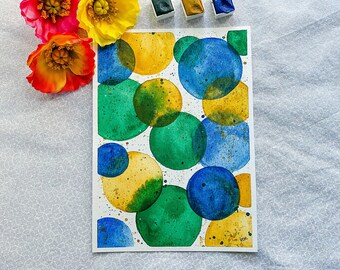 Abstract Watercolor Circles 5x7 Original Painting, Wall Art Home Office Decor, Free Shipping, Blue Green Yellow Gold Painting Artwork