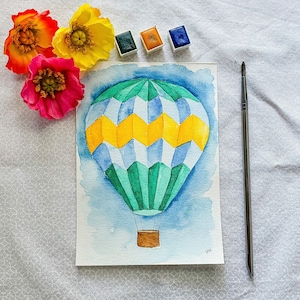 Ballon à air chaud 5 x 7 peinture aquarelle originale, bureau pépinière salle de jeux Home Decor, Art mural, aquarelle Illustration fantaisiste oeuvre