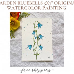 Garden Bluebell Flowers 5x7 Original Watercolor Painting, Floral Watercolor, Free Shipping, Flower Wall Art, Blue Floral Painting