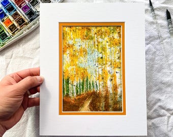 Autumn Aspen Grove Landscape 5x7 Original Painting Matted 8x10, October Fall Colorful Leaves Trees Path Watercolor Artwork, Free Shipping