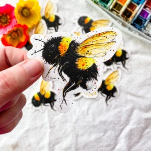 Bumblebee Sticker, Watercolor Bee Sticker, Vinyl Decal, Waterproof, Weatherproof, Dishwasher Safe, Free Shipping, Die Cut Vinyl Sticker