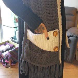 Scarf with pockets shawl cowl pocket crochet fringe tassels wooden buttons