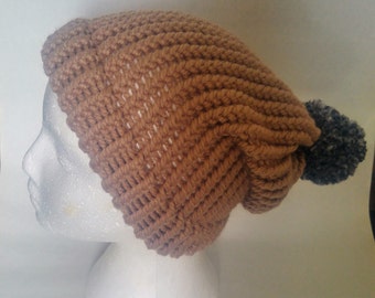 Knitted slouch hat textured pompom ready to ship