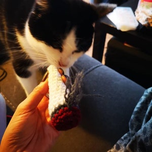 Peut inclure: Un chat noir et blanc regarde un jouet pour chat en crochet avec un design rouge, blanc et gris. Le jouet est tenu par une main.