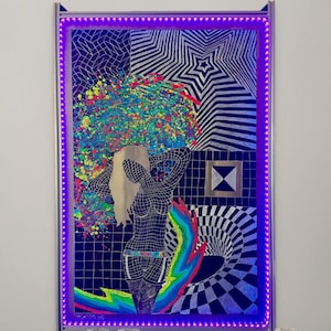 May include: A psychedelic art print featuring a woman in a colorful, abstract design. The print is framed with a black frame and has a purple LED light strip around the border.
