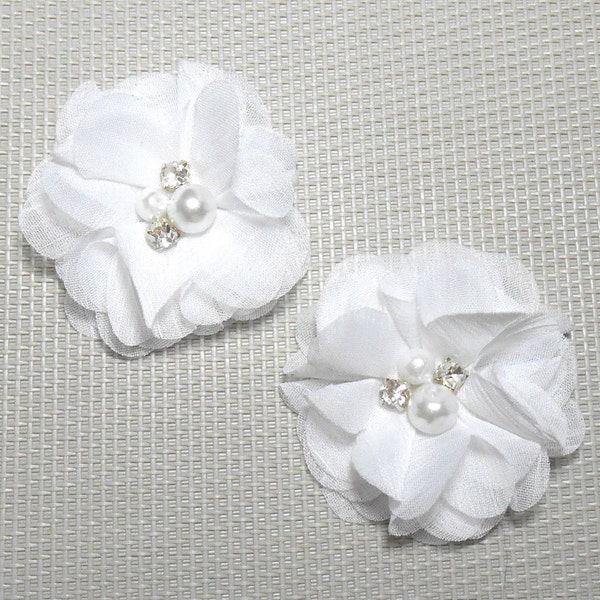 White Chiffon Pearl and Rhinestone Centered Flowers - 2" - 2 pcs - Felt Backed - Headband and Craft DIY Supplies