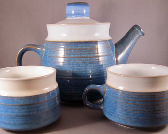1980s Vintage Blue with brown ribbed details Made in England. Denby Chatsworth pattern stoneware covered sugar bowl