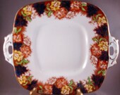 Royal Stafford Square Handled Cake Serving Plate - Cobalt Blue, Yellow and Rust Flowers - Imari Style - Vintage English China - 10 Inch