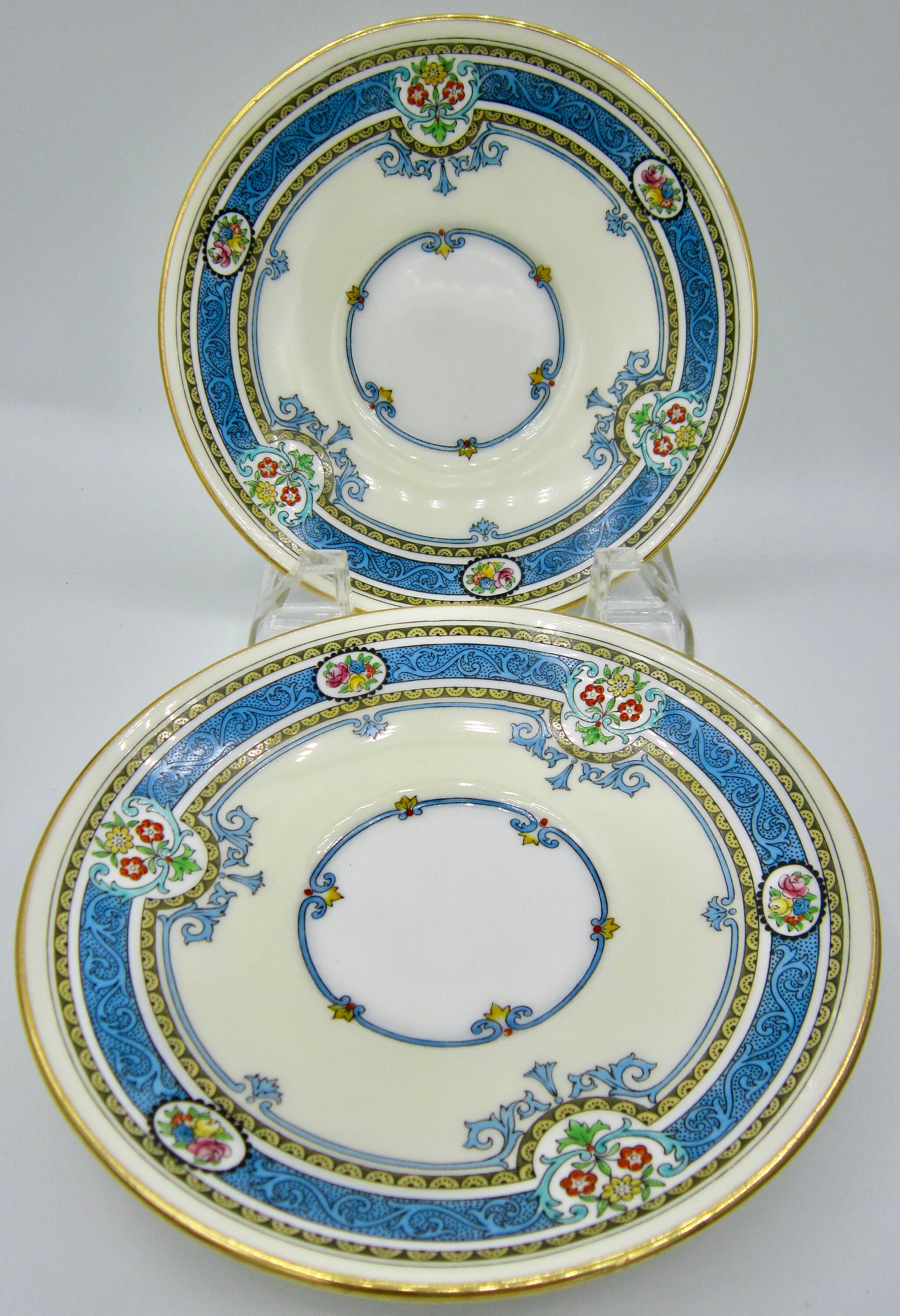 Minton Bone China Saucers (H3727) - Blue Scrolls - Globe