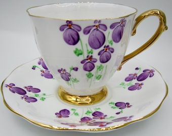 Royal Standard Bone China Teacup and Saucer (1031) - Purple Flowers - England