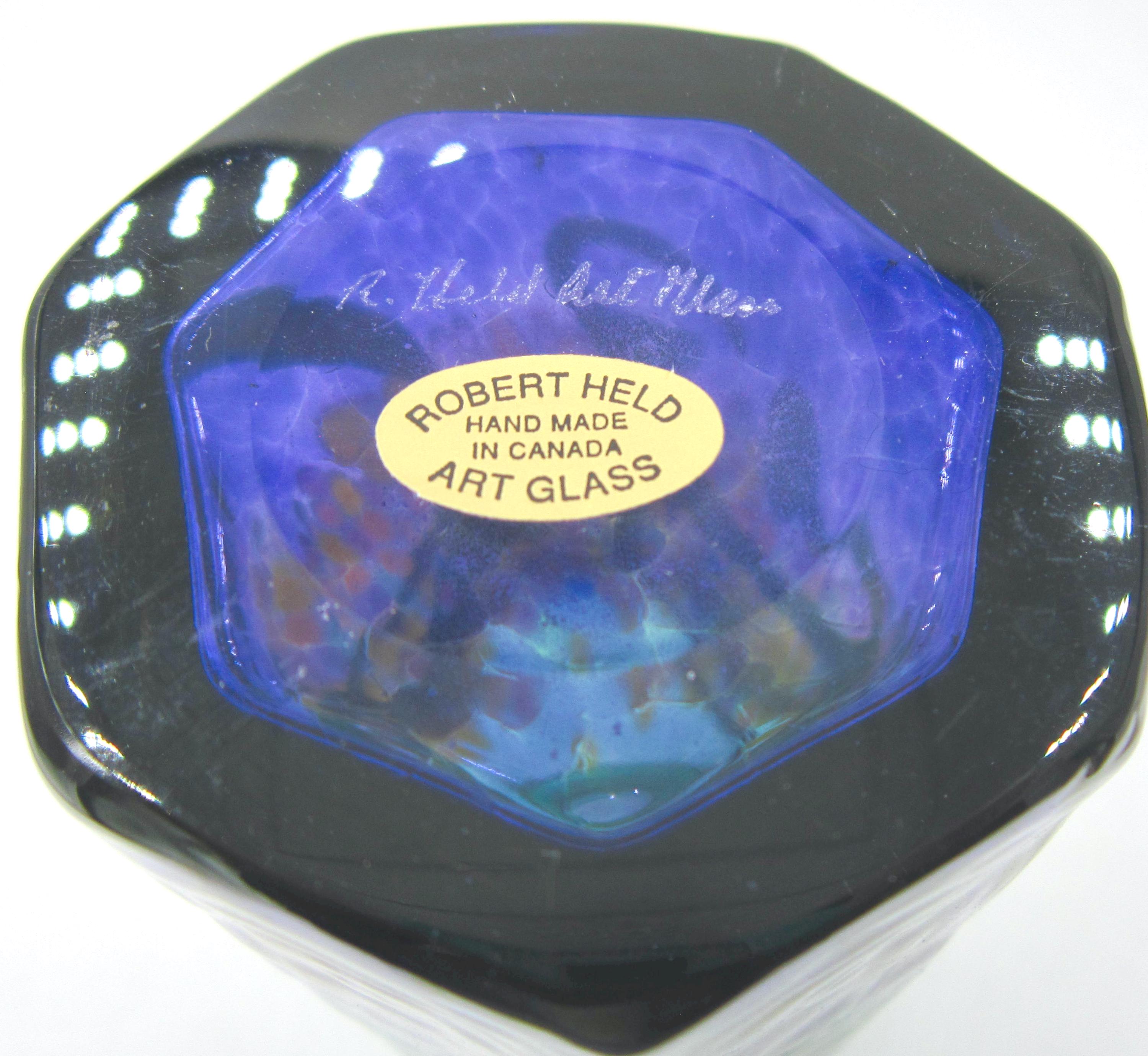 Robert Held Signed Octagonal Iridescent Blue Green Art Glass Vase