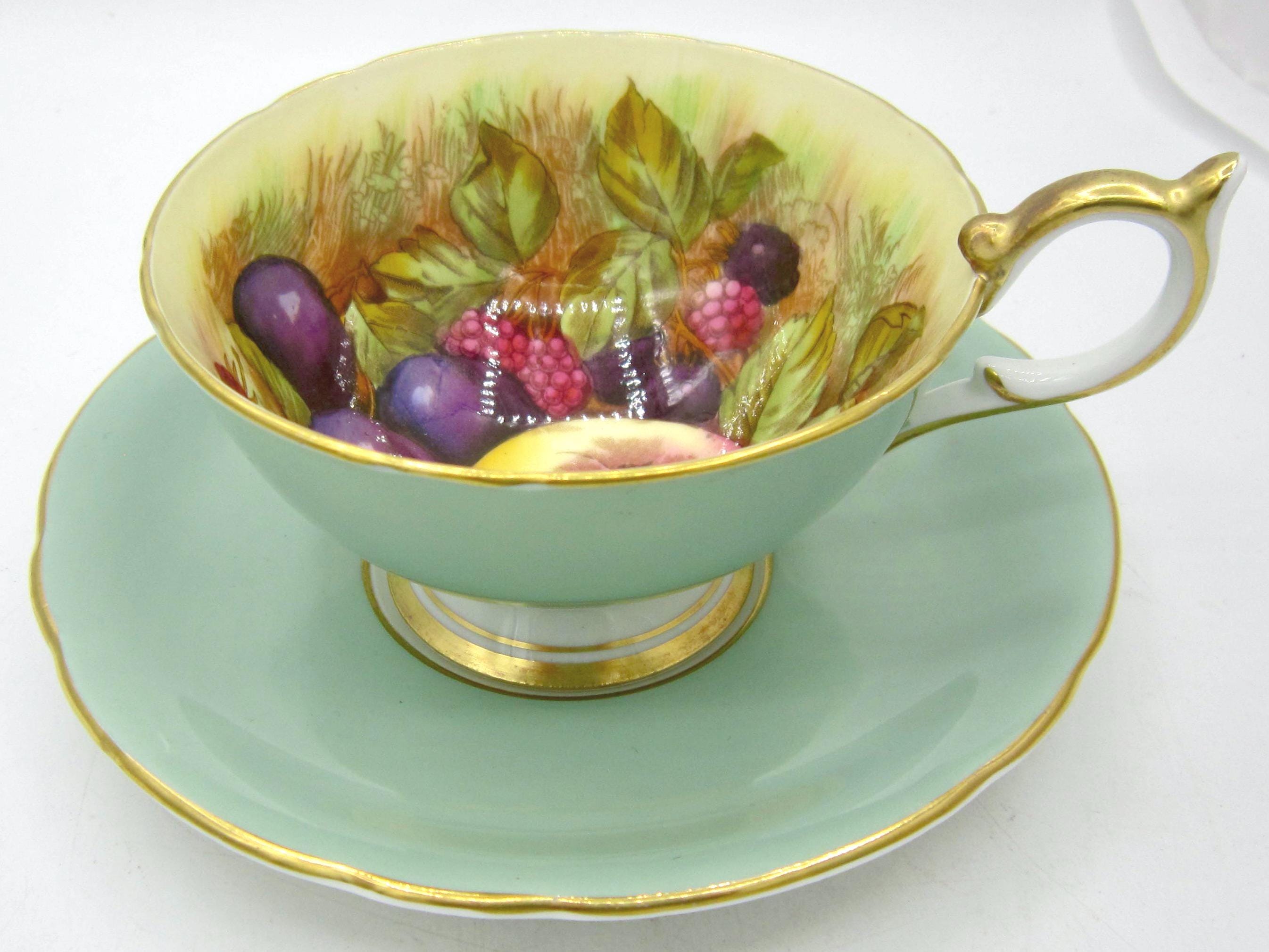 Aynsley Fruit Sage Green Bone China Teacup and Saucer (439) - D