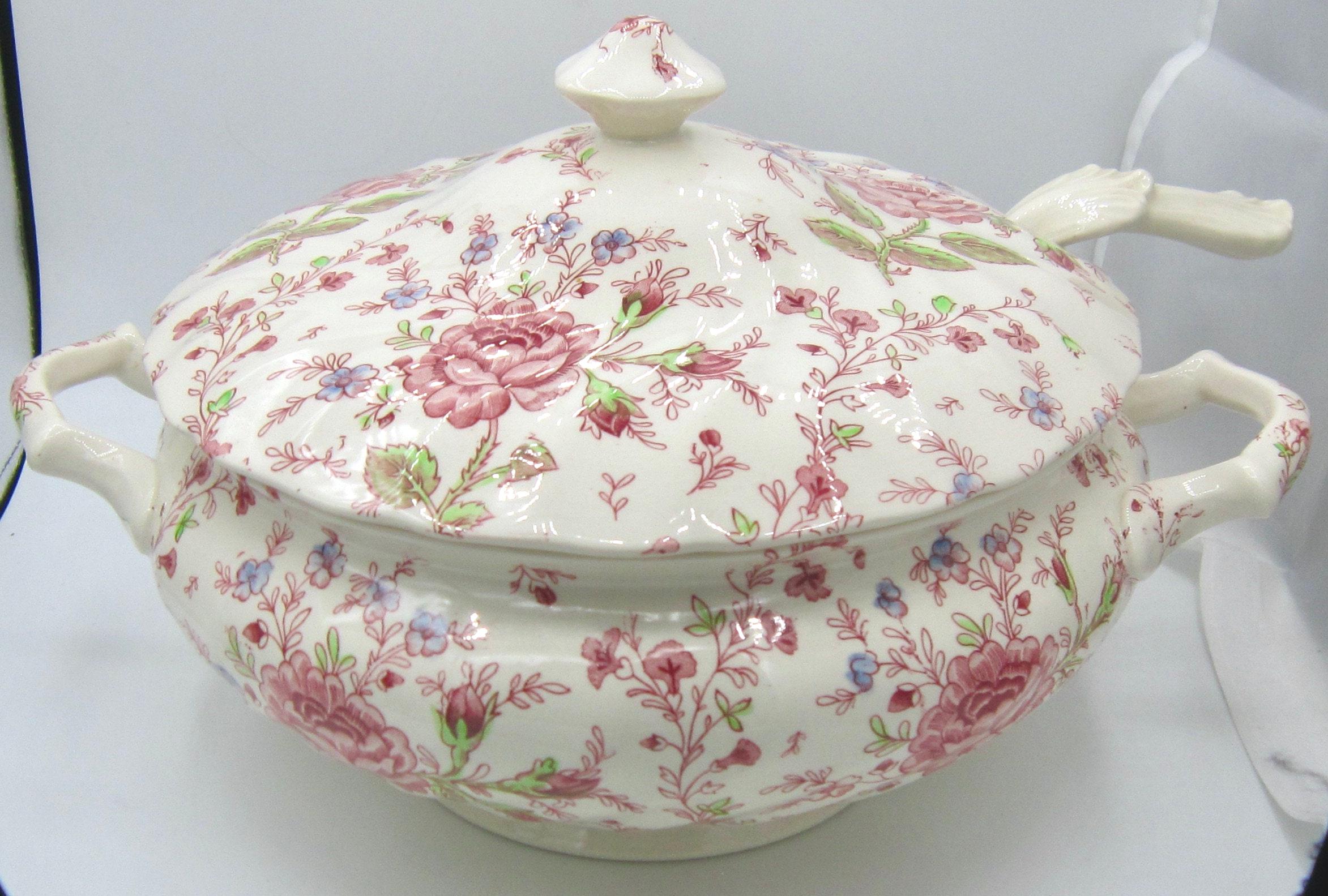 Johnson Brothers Rose Chintz Pink Soup Tureen and Ladle - England