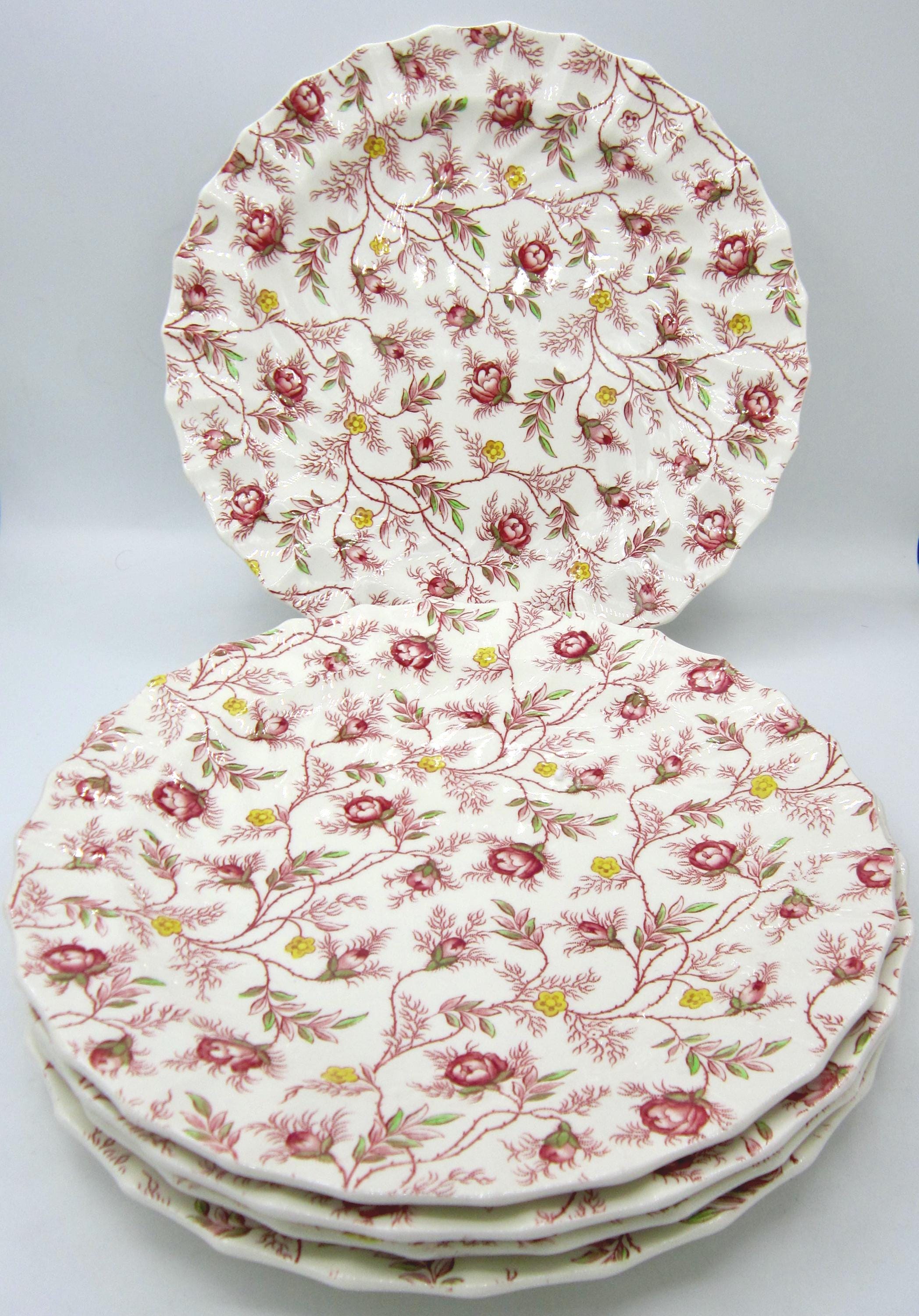 Copeland Spode Rosebud Chintz Luncheon Plates (2-8401 Pink Vine