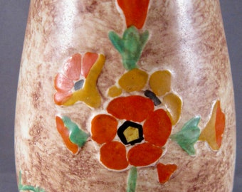 Crown Ducal Ware Brown Art Pottery Vase (7 In.) Orange Flowers - England