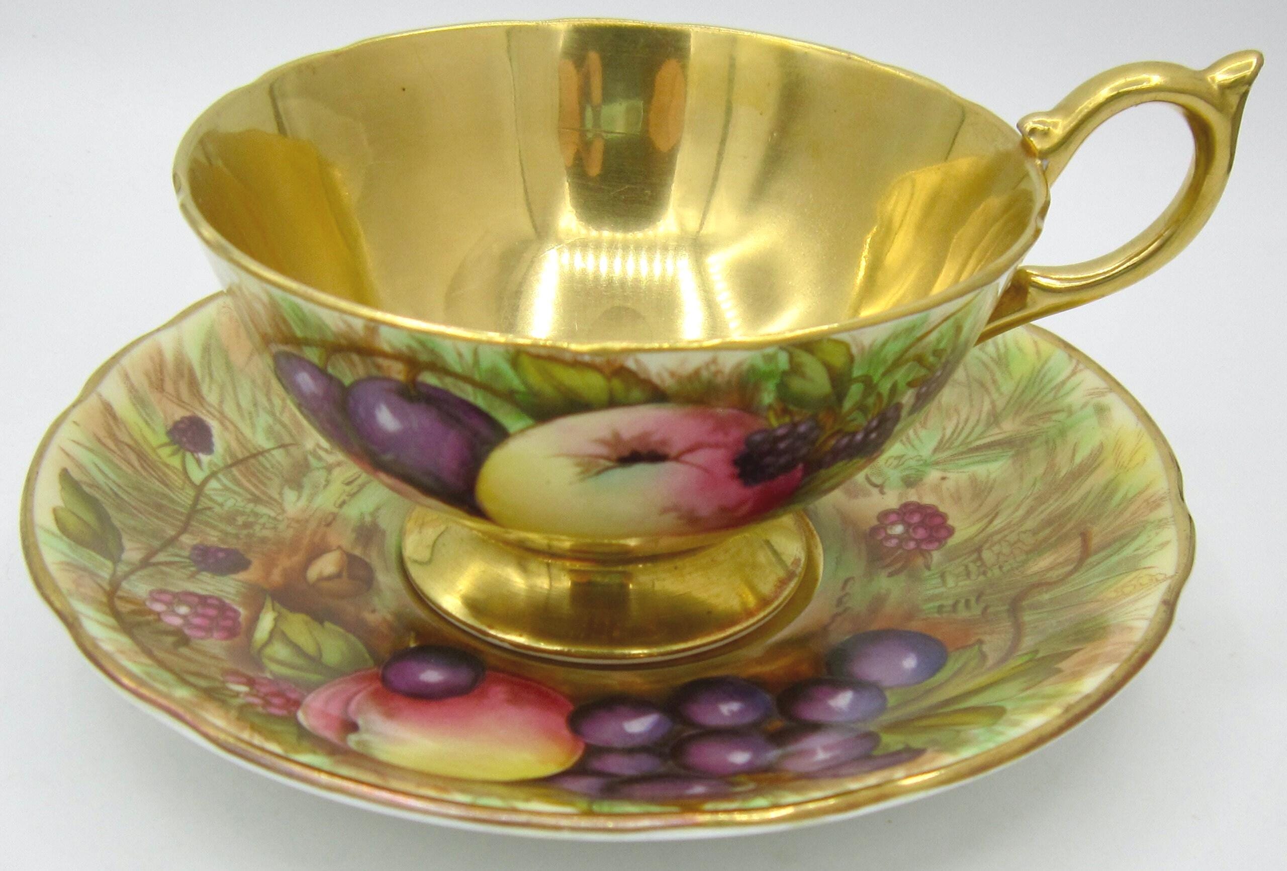 Aynsley Bone China Teacup and Saucer (C746) - Fruit Orchard, Gold