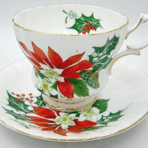Queen Anne Noel Bone China Teacup and Saucer - Christmas Poinsettia - England