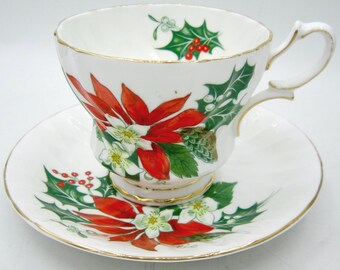 Queen Anne Noel Bone China Teacup and Saucer - Christmas Poinsettia - England