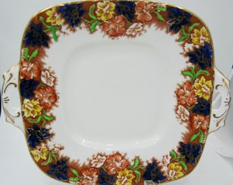 Royal Stafford Square Bone China Handled Cake Plate (10.5 In.) - Cobalt Blue, Yellow and Rust Flowers - England