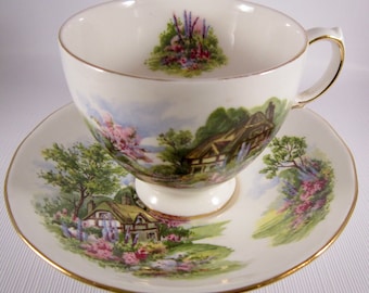 Royal Vale Bone China Teacup and Saucer (7382) - Country Cottage Scene - England