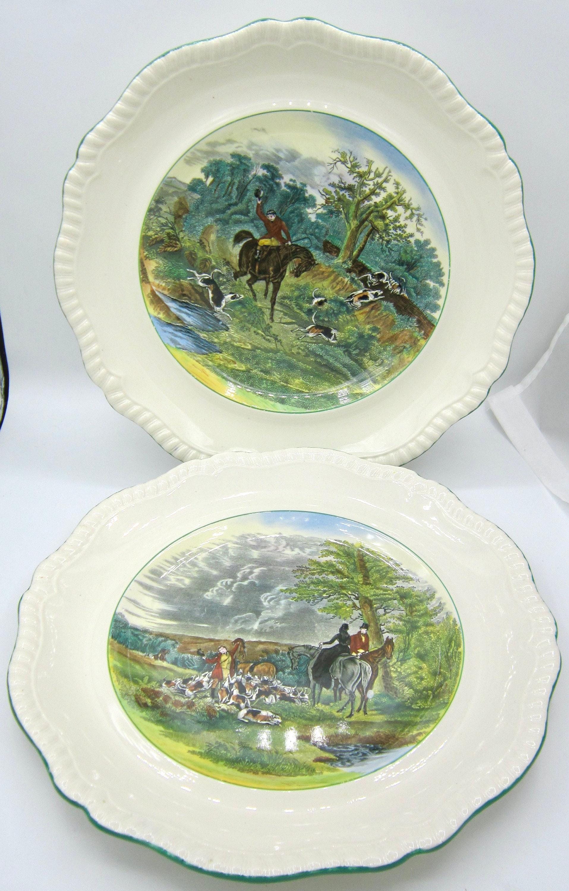 Copeland Spode Hunt Scenes (green Ring) Dinner Plates (10.5 In