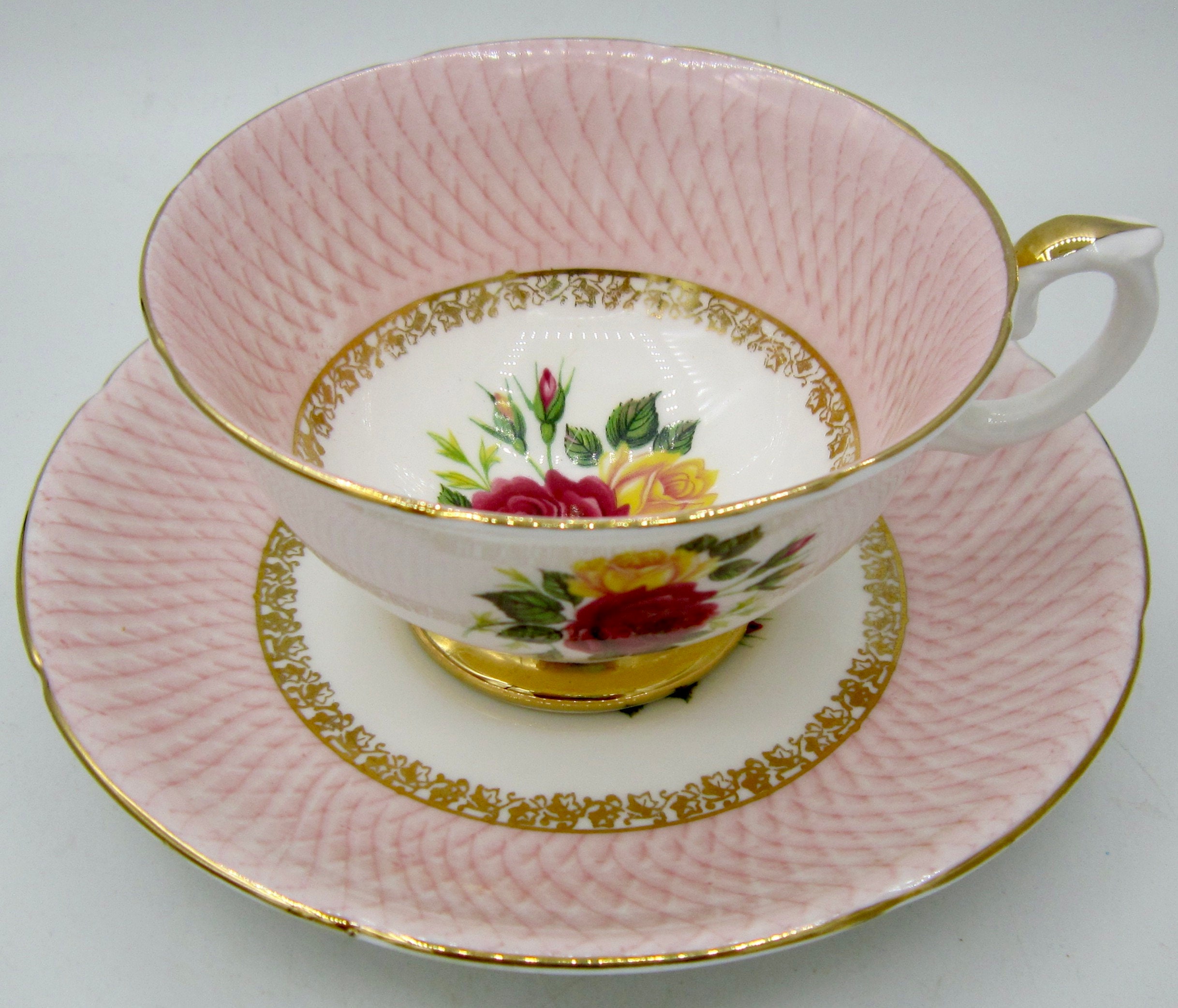 Royal Grafton Bone China Teacup and Saucer - Pink Lattice Border - England