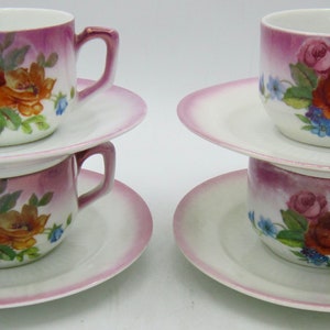 Richard Ginori Demitasse Cup and Saucer Sets (4) - Flowers and Pink Verge Border - Italy